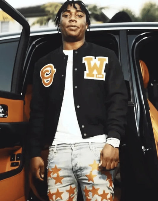 Rapper Fredo Bang 4’s up Varsity Jacket Black