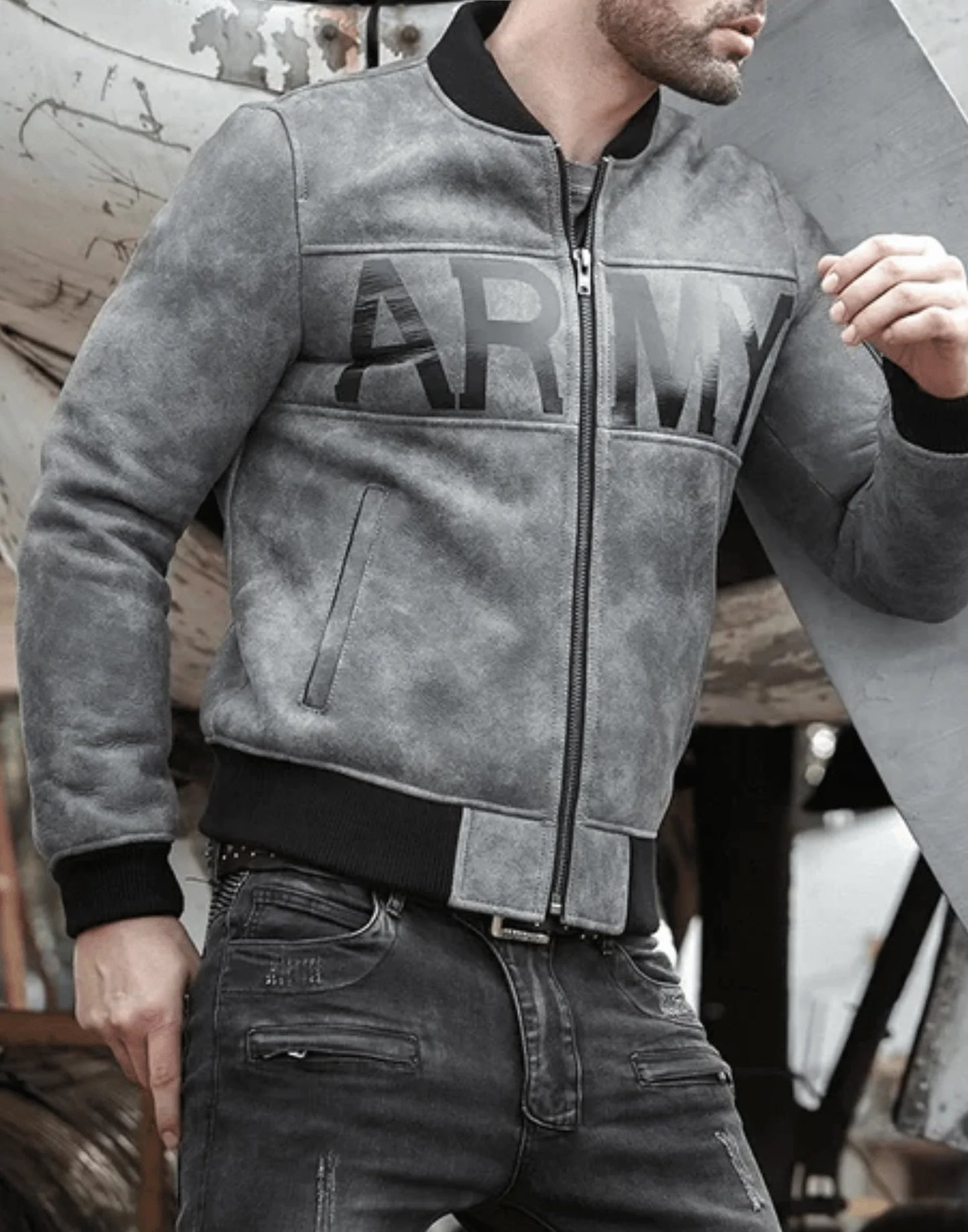 Grey Sheepskin Army Shearling Bomber Jacket